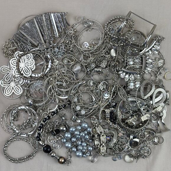 Craft Jewelry Lot - 3 lbs Silver Tone Variety Hoops Bangles Rhinestones Bling - Picture 1 of 12
